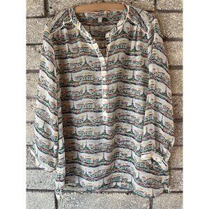 Banana Republic Womens Paris Scene Print Button-Down Blouse Long Sleeves Lightwe